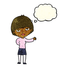 cartoon woman explaining with thought bubble