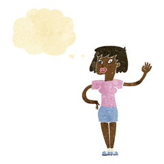 cartoon woman waving with thought bubble