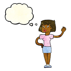 cartoon woman waving with thought bubble