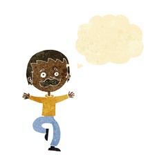 cartoon dancing man with mustache with thought bubble