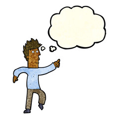 cartoon worried man pointing with thought bubble