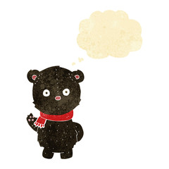 cartoon waving black bear cub with thought bubble