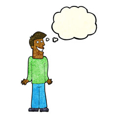 cartoon man shrugging shoulders with thought bubble