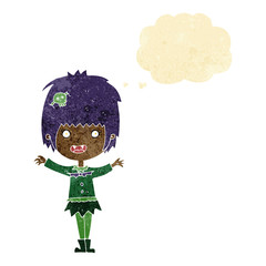 cartoon happy vampire girl with thought bubble