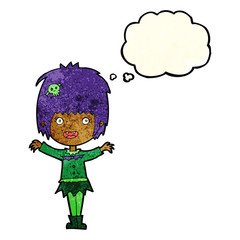 cartoon happy vampire girl with thought bubble