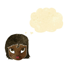 cartoon woman smiling with thought bubble