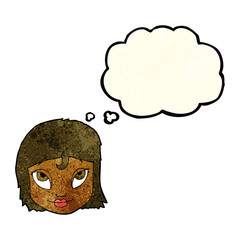 cartoon woman smiling with thought bubble