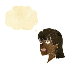 cartoon serious woman with thought bubble