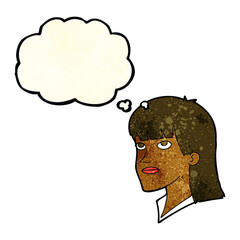 cartoon serious woman with thought bubble