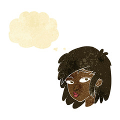 cartoon curious woman with thought bubble