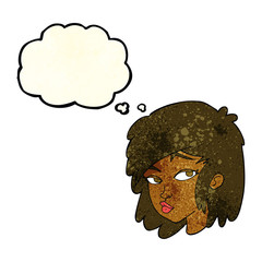 cartoon curious woman with thought bubble