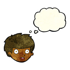 cartoon happy boy's face with thought bubble