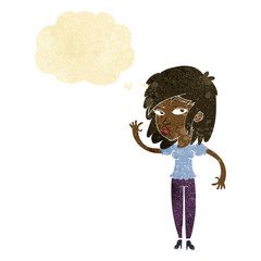 cartoon pretty woman waving with thought bubble