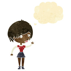 cartoon waving woman with thought bubble
