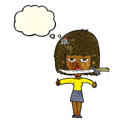 cartoon woman with knife between teeth with thought bubble
