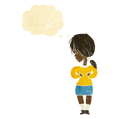 cartoon shy woman with thought bubble