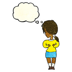 cartoon shy woman with thought bubble