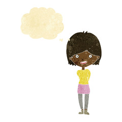 cartoon friendly woman with thought bubble