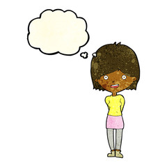 cartoon friendly woman with thought bubble