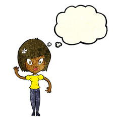 cartoon pretty woman waving with thought bubble