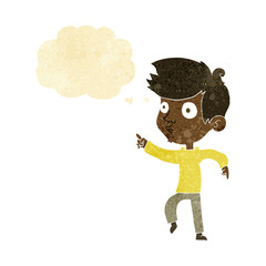 cartoon pointing boy with thought bubble