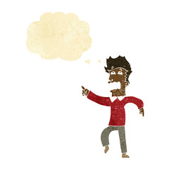 cartoon frightened man pointing with thought bubble