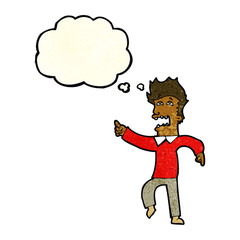 cartoon frightened man pointing with thought bubble