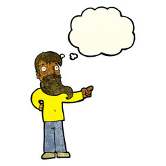 cartoon man with beard pointing with thought bubble