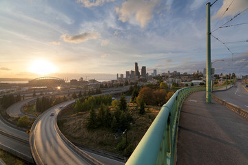 Seattle Skyline from the Bridge at Sunset
