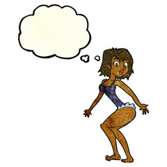 cartoon woman in lingerie with thought bubble