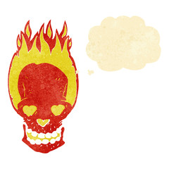 cartoon flaming skull with love heart eyes with thought bubble