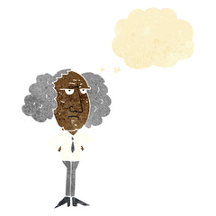 cartoon big hair lecturer man with thought bubble