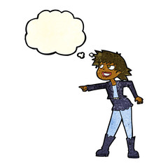 cartoon woman pointing with thought bubble