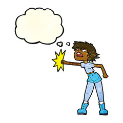 cartoon woman punching with thought bubble