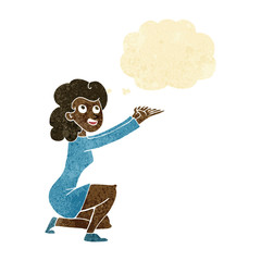 cartoon woman presentation gesture with thought bubble