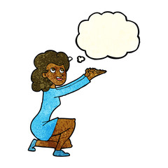 cartoon woman presentation gesture with thought bubble