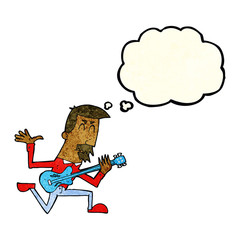 cartoon man playing electric guitar with thought bubble