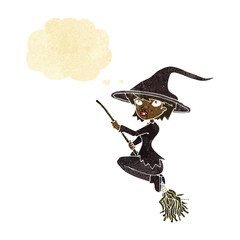 cartoon witch riding broomstick with thought bubble