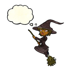 cartoon witch riding broomstick with thought bubble
