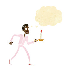cartoon frightened man walking with candlestick with thought bub