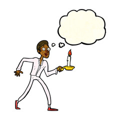 cartoon frightened man walking with candlestick with thought bub