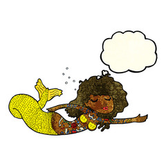 cartoon mermaid covered in tattoos with thought bubble