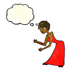 cartoon woman in dress gesturing with thought bubble