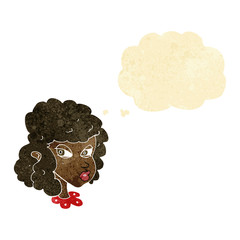 cartoon suspicious woman with thought bubble