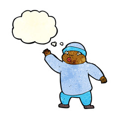 cartoon man in hat waving with thought bubble