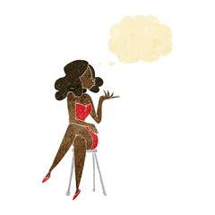 cartoon woman sitting on bar stool with thought bubble