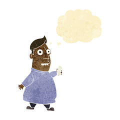 cartoon nervous man with tickets with thought bubble