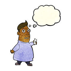 cartoon nervous man with tickets with thought bubble