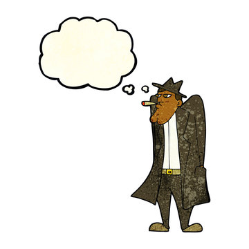 recommend clip art: cartoon man in hat and trench coat with thought bubble
