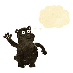 cartoon waving black bear with thought bubble
